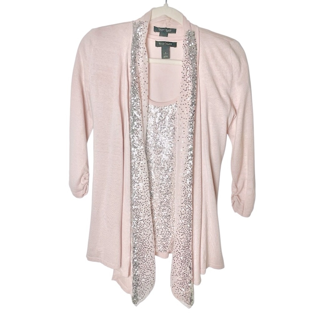 White House Black Market Open Front Cardigan sequined Top Set Pink Metallic S